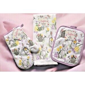 Easter Kitchen Dish Towel Potholder Oven Mitt Bunny Peter Cottontail Set of 3